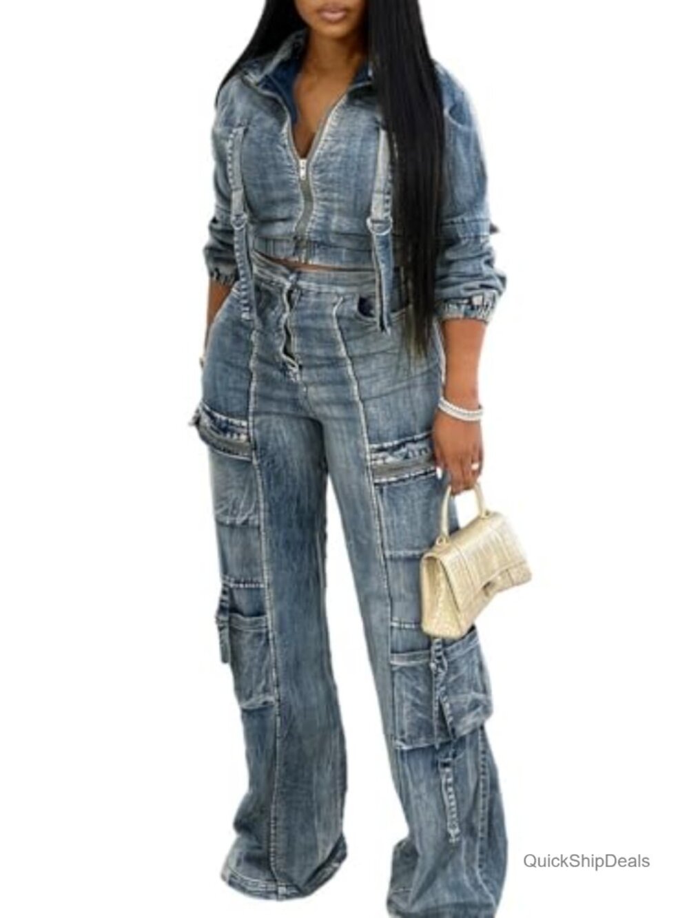 Women's 2 Piece Denim Cargo Set Cropped Jacket Straight Leg Jean Outfit Y2K
